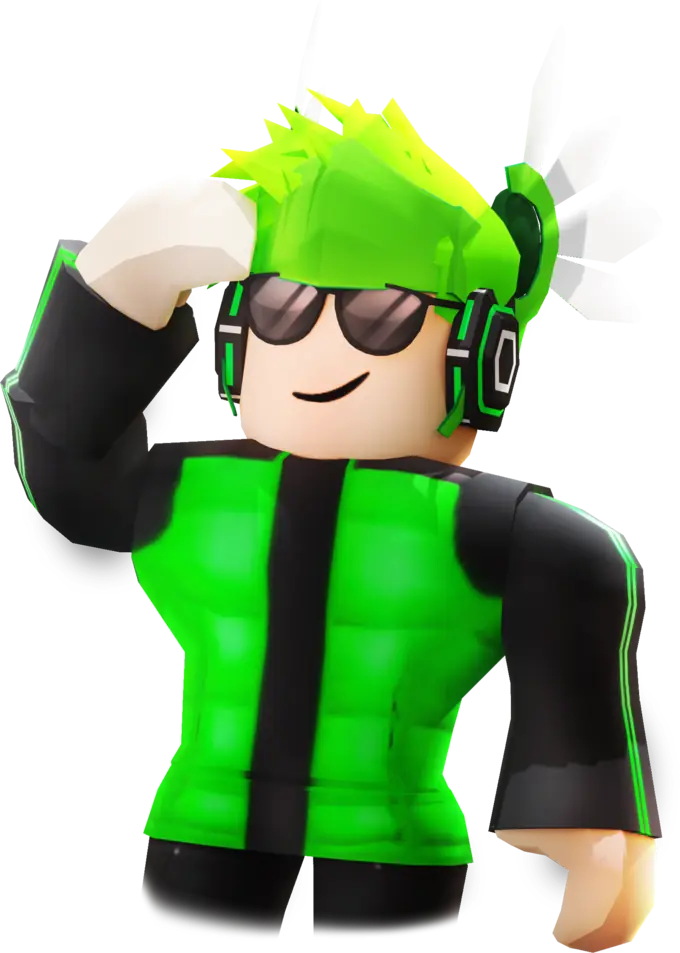 Muneeb's Roblox avatar, with green hair, sunglasses and headphones